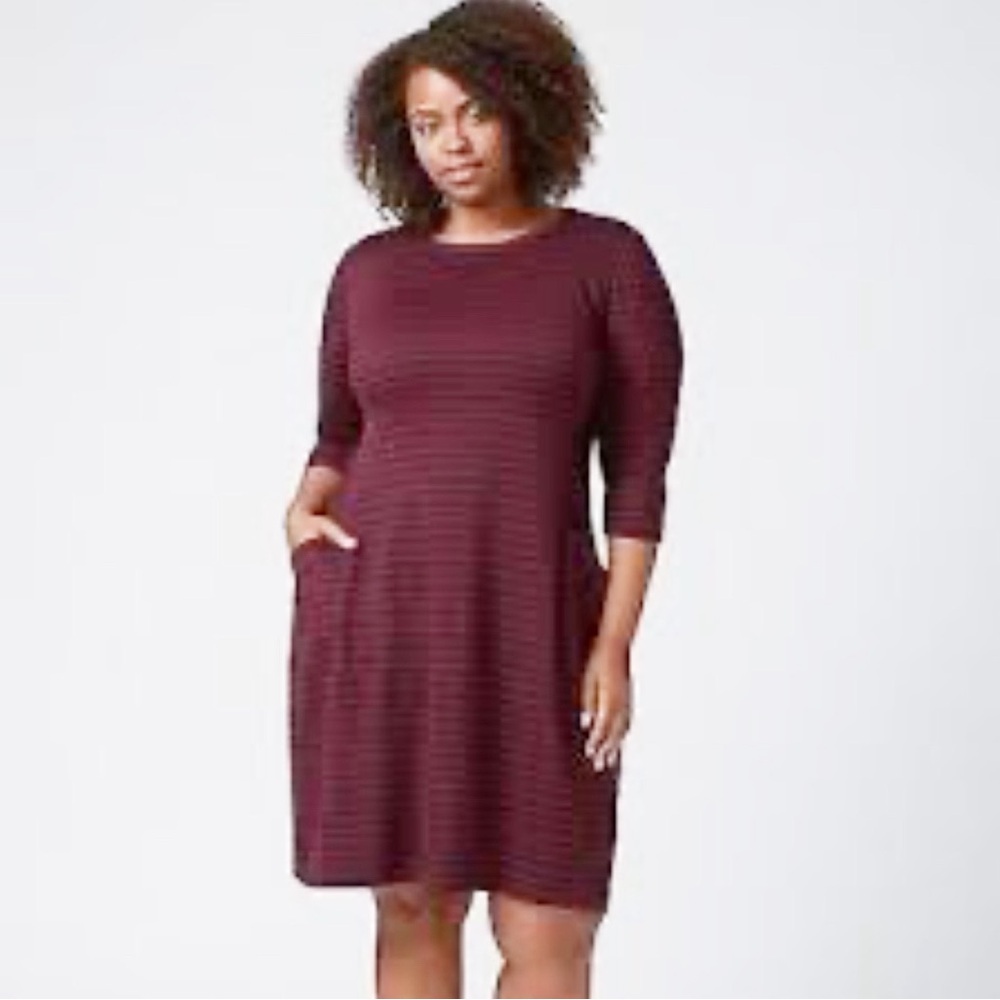 Lane Bryant Burgundy Stripped Pullover Shift Dress w/Pockets, 3/4sleeves - 14/16